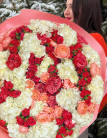 Large Bouquet of White Hydrangeas, Hot Pink Spray Roses, and Pink Garden Roses