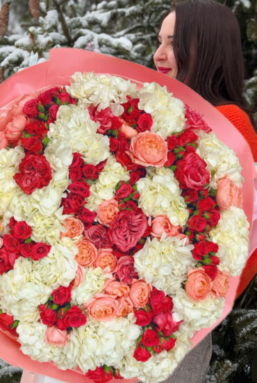 Large Bouquet of White Hydrangeas, Hot Pink Spray Roses, and Pink Garden Roses