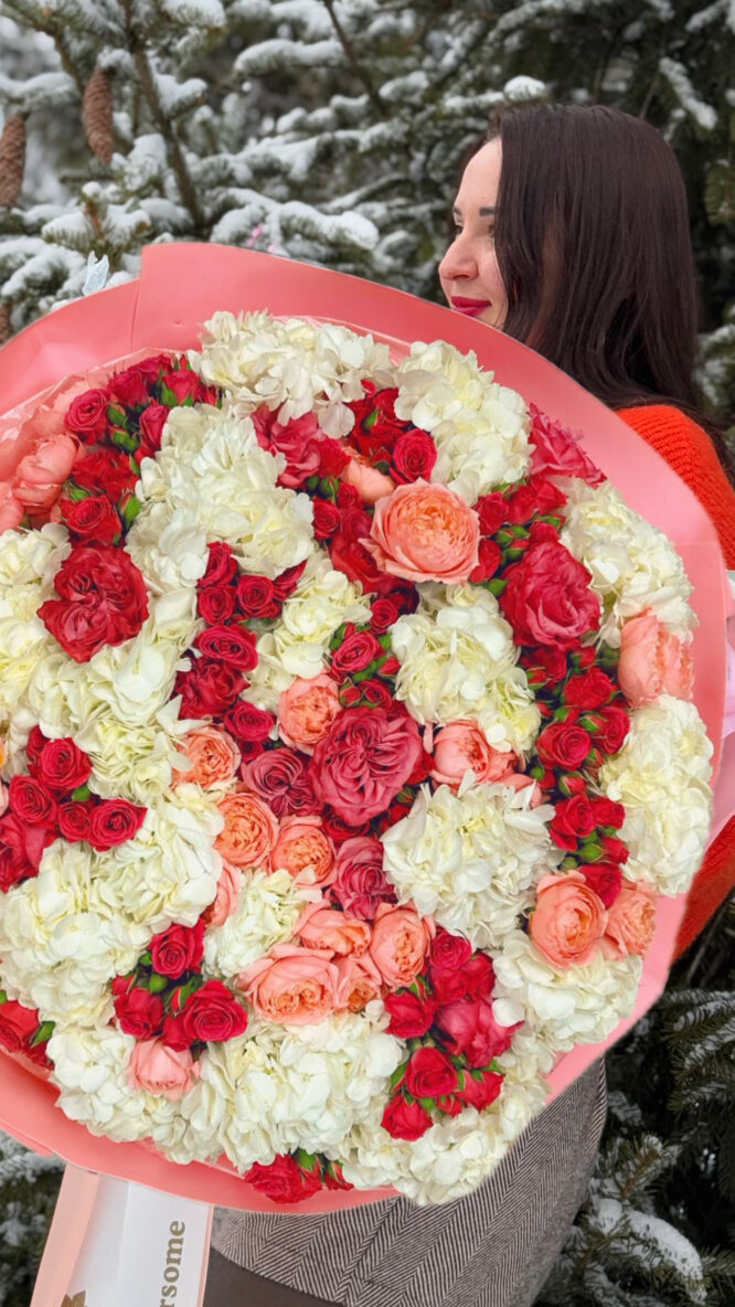 Large Bouquet of White Hydrangeas, Hot Pink Spray Roses, and Pink Garden Roses