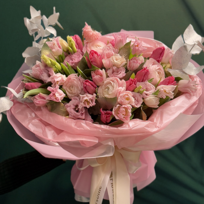 F 17 Pink Bouquet with Tulips, Ranunculus, and Lisianthus