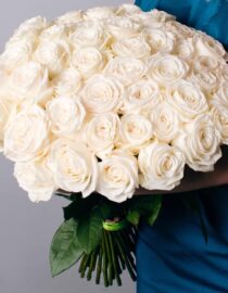 A bouquet of 50 white roses arranged in a decorative bouquet