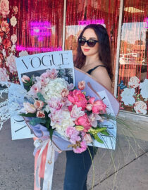 A lavish, magazine-inspired bouquet featuring pink and white hydrangeas, delicate peonies, tulips, and stylish silver accents.