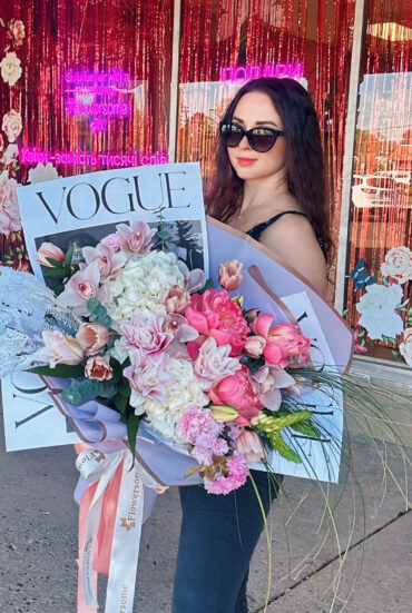 A lavish, magazine-inspired bouquet featuring pink and white hydrangeas, delicate peonies, tulips, and stylish silver accents.