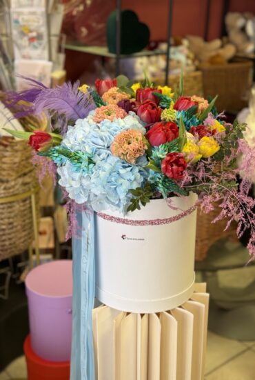 Elegant box arrangement featuring hydrangeas, tulips, and ranunculus in a harmonious floral display. Title: