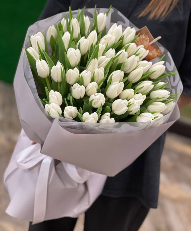 A stunning arrangement of 51 pristine white tulips, radiating elegance and natural beauty.